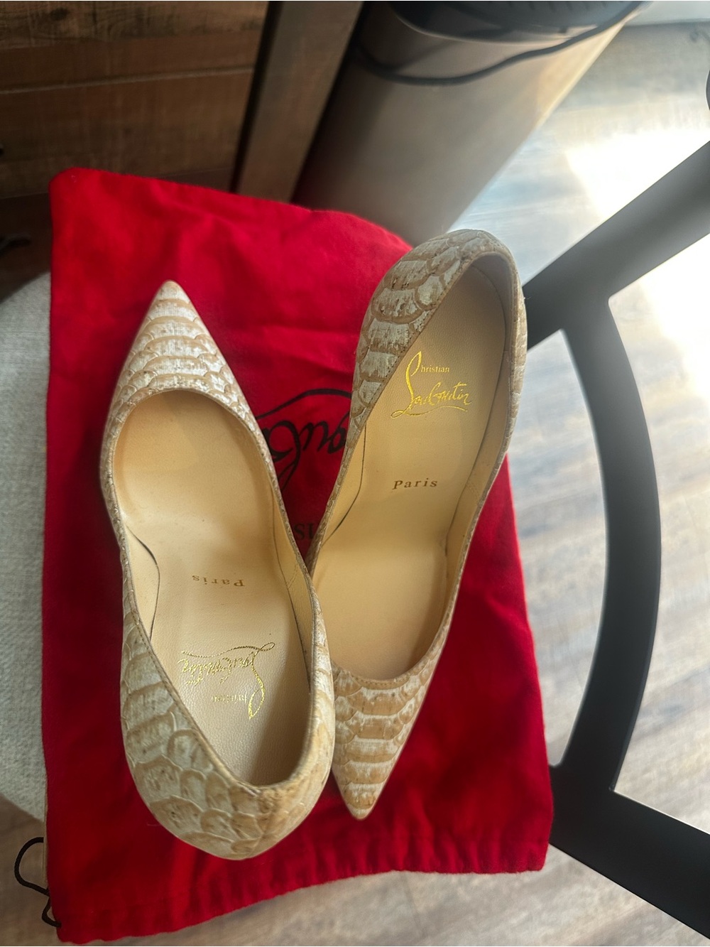 Christian Louboutin Beige Snakeskin Pointed Toe Pumps